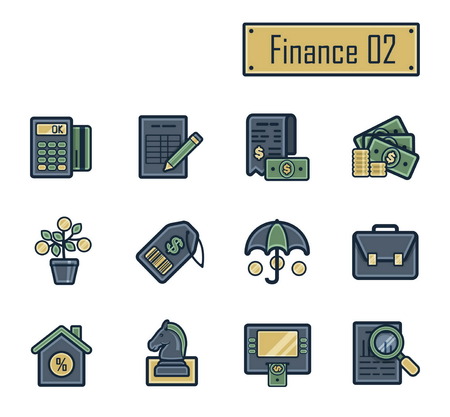 A collection of stylish modern flat icons with thick dark outlines for finance, banking and accounting. For web, presentation, stickers, etc.のイラスト素材