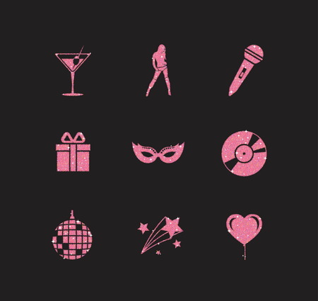 A collection of sparkling pink glitter stylized fancy night club and party icons for flier, banner, typography, web, design.のイラスト素材
