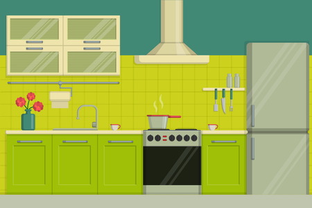 Interior illustration of a modern lime colored kitchen including furniture, oven, kitchen hood, utensils, fridge.のイラスト素材