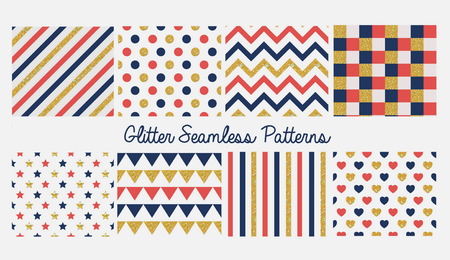 Set of seamless simple cute baby patterns with glitter elements. Includes blue, red and golden stars, hears, stripes, zigzag, flags, dots and pleat on white backgroundのイラスト素材