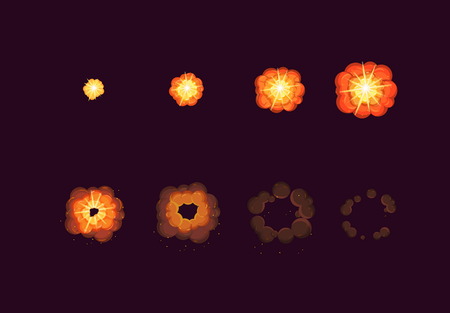 Sheet for cartoon fire explosion, mobile, flash game effect animation. 8 frames on dark backgroundのイラスト素材