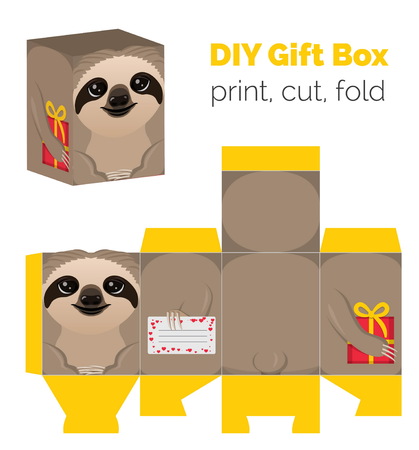 Adorable Do It Yourself DIY sloth gift box for sweets, candies, small presents. Printable color scheme. Print it on thick paper, cut out, fold according to the lines.のイラスト素材