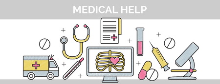 Thin black line scribble header banner illustration for the structure and sequence of medical help. It shows emergency aid, diagnostics, research, medicationのイラスト素材