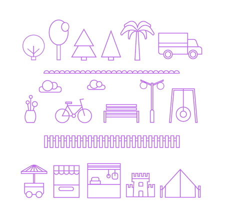 A set of flat minimalistic thin line elements for a modern city construction and design. Trees, shops, car, bike, fence and other elements includedのイラスト素材
