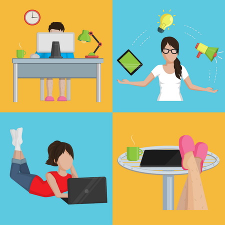 A collection of flat simplified modern illustrations for various aspects of a freelancer workflow. Comfortable private workplace, planning, vacationのイラスト素材