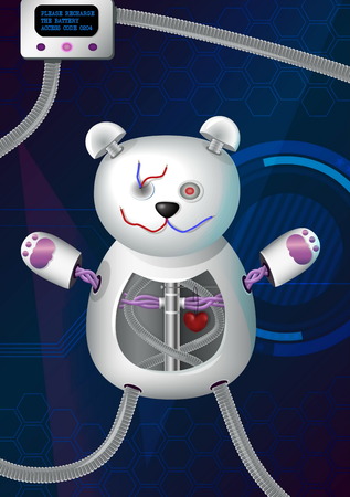 Fantasy futuristic hi-tech illustration of a bionic robot mechanical teddy bear with red heart, cords, charger and other elementsのイラスト素材