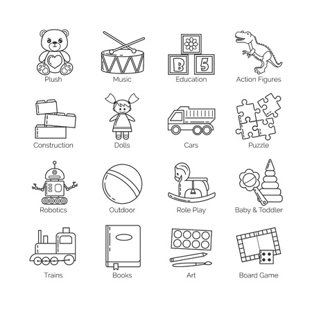 A collection of minimalistic thin line icons for various toys' kinds and categories and activities for kids, babies and toddlers, boys and girlsのイラスト素材