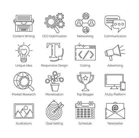 A set of flat thin line icons on white background for successful blogging business. It includes: newsletter, social, seo, content writing, design, coding, idea, etcのイラスト素材