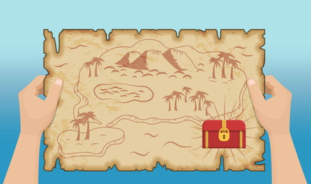 Ancient old pirate treasure map pattern with hands, island map on brown old paper and ancient treasure chest with gold and riches.のイラスト素材