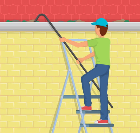 Flat style illustration of a man on a ladder cleaning the rain gutter of the house with a telescopic device.のイラスト素材