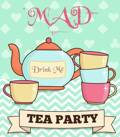Cute wonderland mad tea party illustration. Teapot and cups on mint background. For party and event invitations and other design projects.のイラスト素材