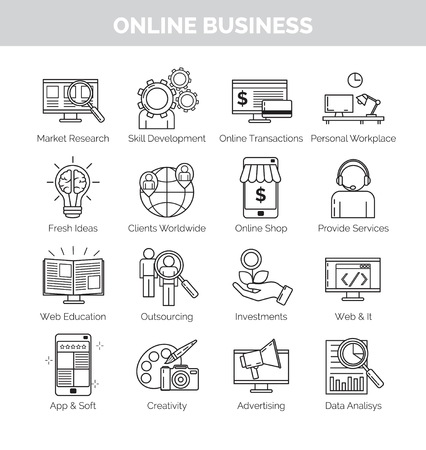 Thin line icons for online business planning, development and speares of engagement. Online shop, creative ideas, education, application development and other.のイラスト素材