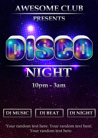 Vibrant 80s styled disco night party event poster, flyer, banner, brochure template. Luminous font, neon lights and dramatic background.のイラスト素材
