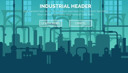 Abstract industrial manufacturing plant scene with ambient light, pipes and machinery. Web template for website header or decoration.のイラスト素材