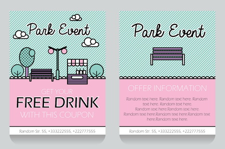 Trendy minimalisctic icon style outdoor park event themed discount coupon, advertising flyer, gift voucher costomizable template. Replace text, add your logo to customize template.のイラスト素材