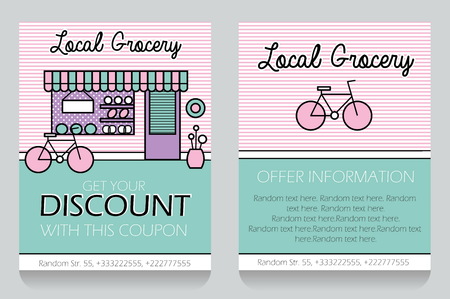 Trendy minimalisctic icon style local grocery store themed discount coupon, advertising flyer, gift voucher costomizable template. Replace text, add your logo to customize template.のイラスト素材