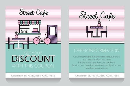 Trendy minimalisctic icon style small street cafe themed discount coupon, advertising flyer, gift voucher costomizable template. Replace text, add your logo to customize template.のイラスト素材