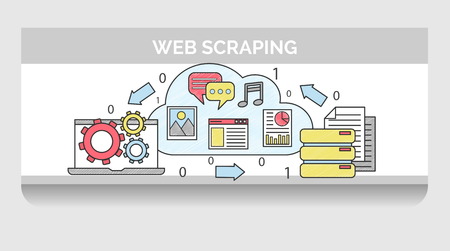 Scribble header horizontal banner illustration for web scraping process sequence. Icon illustrations for global network content, scraping software, data output and re-publishment.のイラスト素材