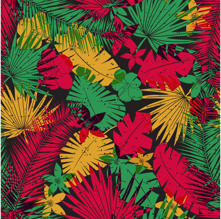 Seamless tropical jungle pattern with leaves, plants and flowers. Retro offset print effect, color overlay, anaglyph. Hibiscus, ferns and tropical foliage.のイラスト素材