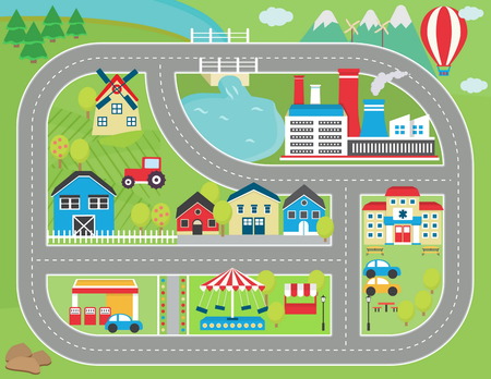 Lovely city landscape car track play mat for children activity and entertainment. Sunny city landscape with mountains, farm, factory, buildings, plants and endless car road.のイラスト素材