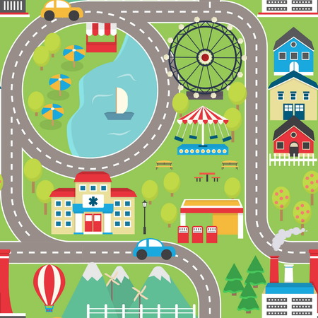 Lovely city landscape car track seamless pattern for play mats, rugs and decoration. Sunny city landscape with mountains, farm, factory, buildings, plants and endless car road.のイラスト素材