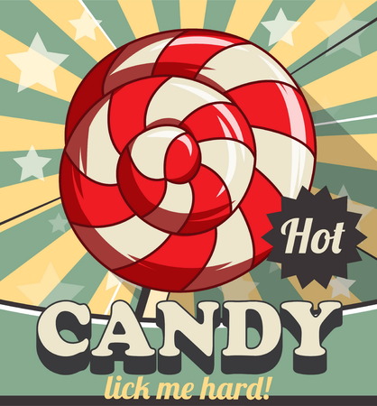 Vintage retro stylized customizable sweet lollipop candy poster template. Replace text to customize template for special offer at cafe or candy shop, use for any other design purposes.のイラスト素材