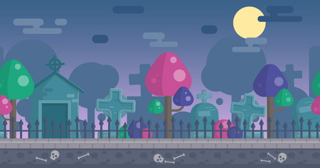 Seamless parallax effect ready spooky night graveyard background for mobile apps and design. Scary gravestones, crypt, fancy trees, sculls over the night sky.のイラスト素材