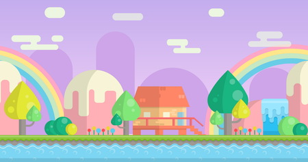 Seamless parallax effect ready fantasy mountain background for mobile apps and design. Sunny bright landscape with mountains, little house, waterfalls and river.のイラスト素材