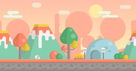 Seamless parallax effect ready prehistoric stone age background for mobile apps and design. Ancient tribal landscape with volcanos, fantasy plants, cave, fireplace and sculls.のイラスト素材