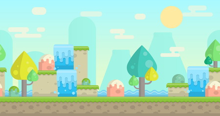Seamless parallax effect ready fantasy mountain background for mobile apps and design. Sunny bright landscape with mountains, waterfalls, bodies of water, trees and rocks.のイラスト素材