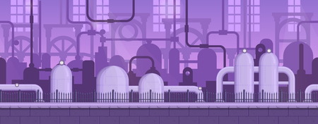 Seamless layered parallax ready runner shooter game industrial background scene. Factory environment, machinery equipment and other elements.のイラスト素材