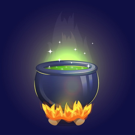Magic witch alchemy cauldron on fire with poisonous boiling potion inside. Brew a magic potion illustration for holiday and event decoration.のイラスト素材