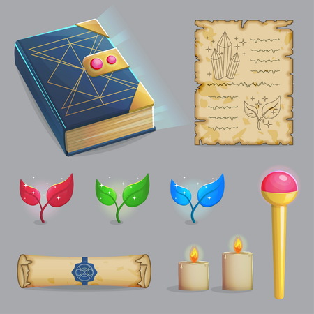 Collection of items to cast a magic spell. Wizard accessories for making magical tricks, ancient book of dead shadows, witch wand, shiny plants, candles and sealed manuscript. Game and app ui icons.のイラスト素材