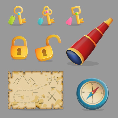 Collection of items for treasure hunting journey and navigation. Accessories for treasure hunting journey, ancient map, compass, spyglass a collection of key and padlocks. Game and app ui icons.のイラスト素材