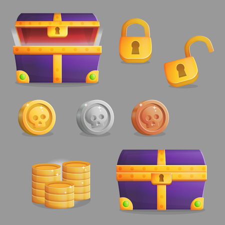 Collection of items for finding and opening a treasure chest with riches. Accessories for treasure chest opening, coins and riches inside of it and padlock. Game and app ui icons.のイラスト素材