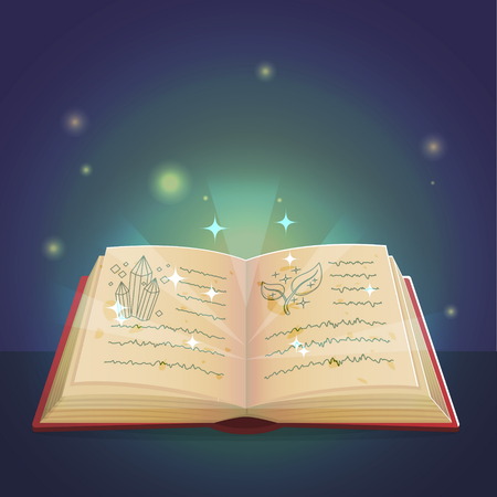 Ancient magic book with alchemy recipes and mystic spells and enchantments, dusty old pages and mysterious cover. Spooky holiday decoration and illustration.のイラスト素材