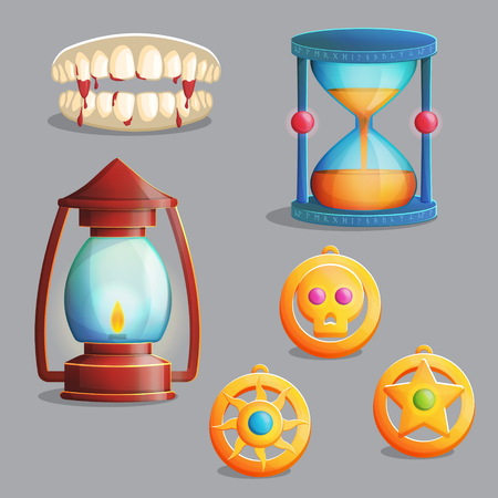 A collection of items for magic witch equipment set. Vampire teeth and pendant amulets, ancient lantern and hourglass, spooky elements for game and app design.のイラスト素材