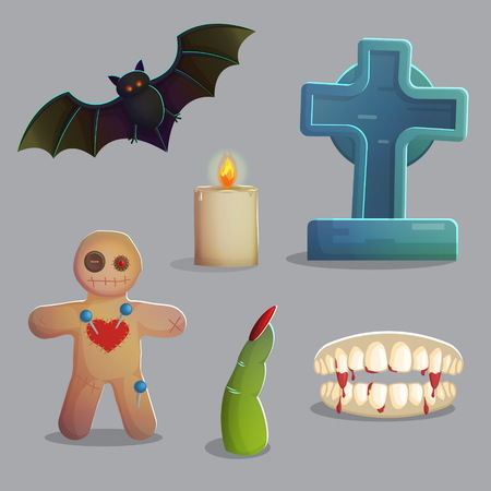 A collection of items spooky graveyard items and design elements for game and app design. Gravestone, voodoo doll with needles, vampire bat, zombie finger and other.のイラスト素材