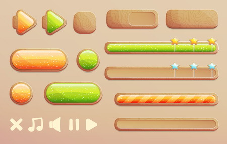 A set of cartoon wooden buttons, progress bars and icons with shiny glass elements for game and app design. Different shapes and arrows.のイラスト素材
