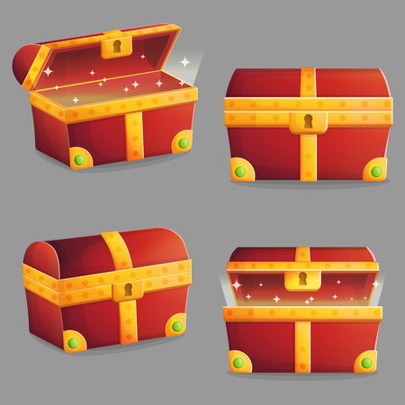 Illustration of an ancient treasure chest with riches shining inside of it. Different view angles and positions. Front and isometric view.のイラスト素材