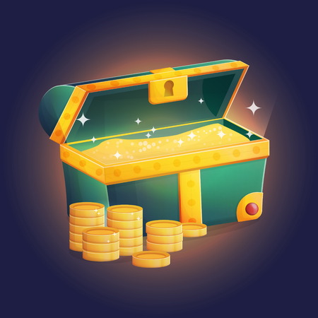 Illustration of an open unlocked ancient treasure chest with sparkling golden coins and other riches shining inside of it.のイラスト素材