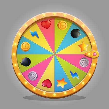Shiny wheel of fortune design element for game ui and graphic design. A set of icons with gifts is included in a set. Sparkling lamps and multicolored wheeel board.のイラスト素材