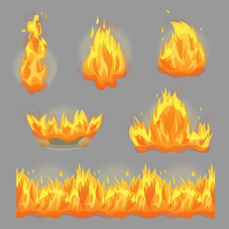 A collection of flaming fire design graphic elements, sparkling hot campfire and seamless fire stripe for game and graphic design.のイラスト素材
