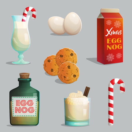 Traditional Catholic Christmas treats, egg nog bottles and glasses with cream, cinnamon, festive candy cane, chocolate chip cookies.のイラスト素材