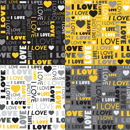 A set of seamless patterns with typographic design, i love text and heart shapes on various background. St. Valentine day design decoration element.のイラスト素材