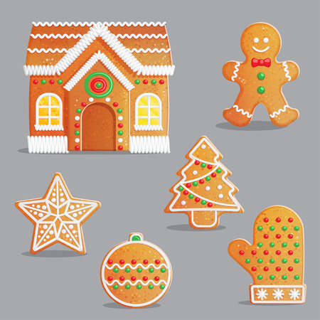 Traditional Catholic Christmas gingerbread treats with icing and sweet candy decorations, house, festive tree, celebration bauble ornament and other.のイラスト素材