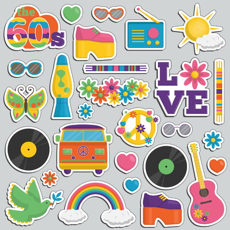 Collection of vintage retro 1960s hippie style sticker patches that symbolize the 60s decade fashion accessories, style attributes, leisure items and innovations.のイラスト素材