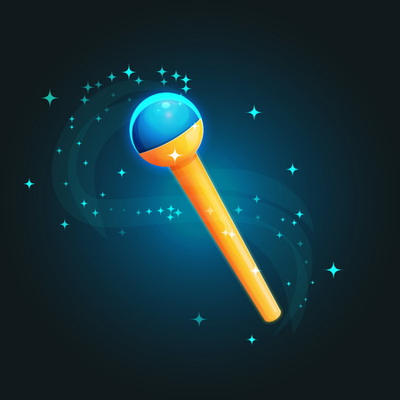 Fantasy illustration of a magic rod, staff, wand casting spells with sparkling effect. Wizard or magician magic trick accessorie. Game and app ui icons.のイラスト素材