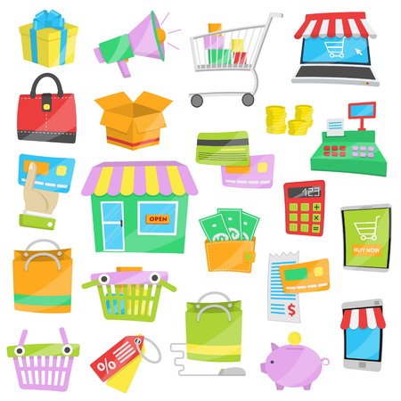 Collection of bright cartoon vector illustrations for sales and shopping, online and real life purchases, package and delivery, payment methods and devices.のイラスト素材