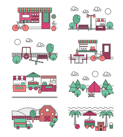 A collection of icon style illustrations of outdoor activity places, urban and natural landscapes. Street food, park and playground for kids, camping, farming and beach.のイラスト素材